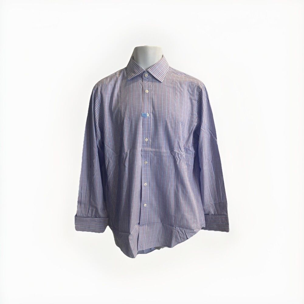 T.M. Lewin Regular Fit Lewin 100 Blue White Purple Plaid Dress Shirt 15.5 33 Men